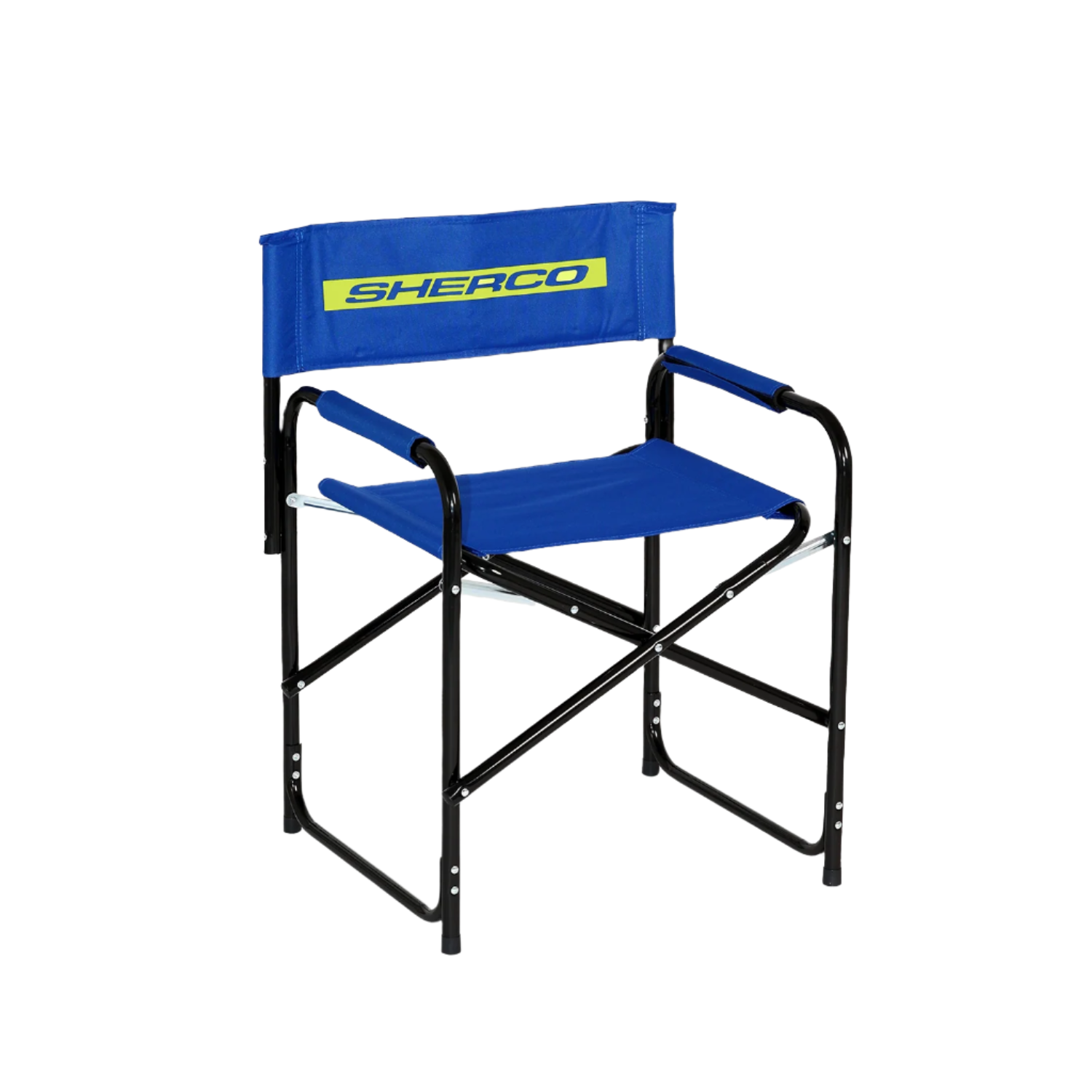 Blue director's chair with black frame and 'Sherco' branding on a white background